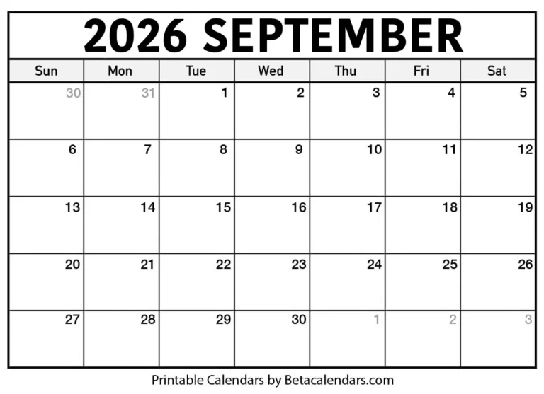 Downloadable September 2026 Calendar For Academic Planning