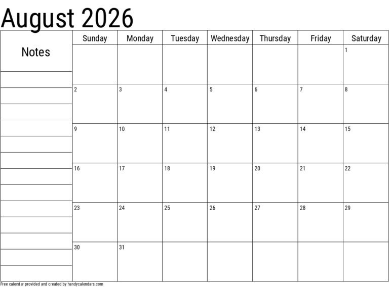 Find A Free Printable August 2026 Monthly Calendar With Notes Section
