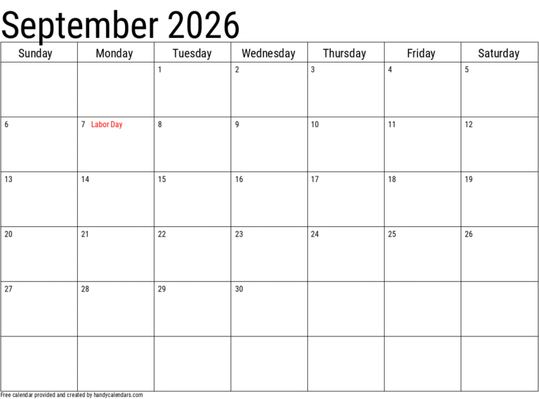 Free Printable September 2026 Calendar With Federal Holidays