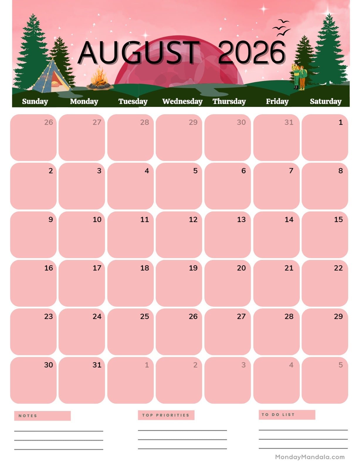 August 2026 Calendar Printable Camping Portrait