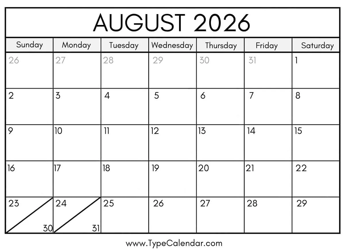 August 2026 Calendar Printable