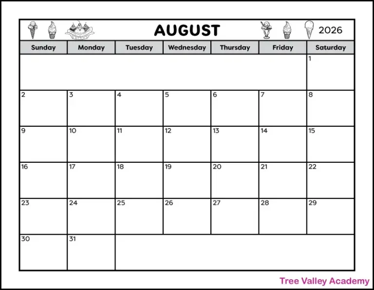 Free Printable August 2026 Monthly Calendar For Students Assignments