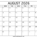 Blank August 2026 Calendar