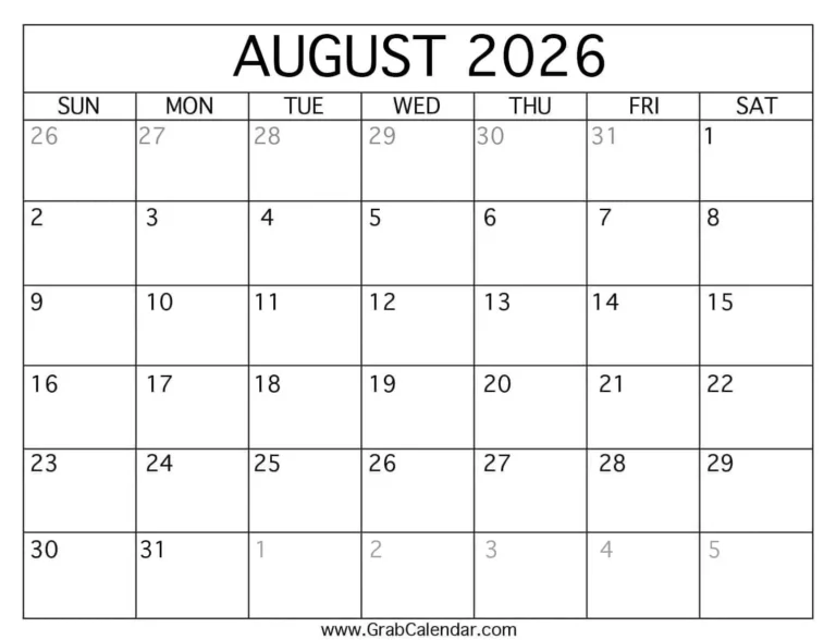 Downloadable August 2026 Calendar Pdf To Print At Home