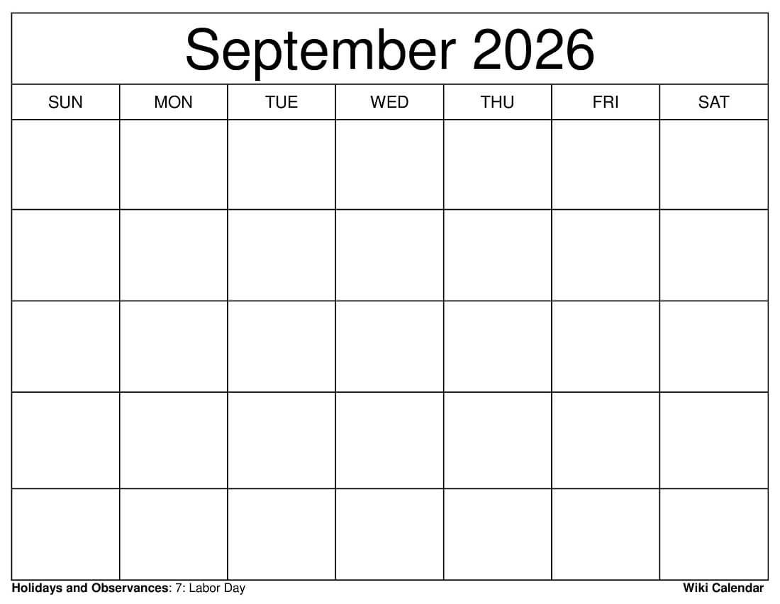Blank September 2026 Calendar