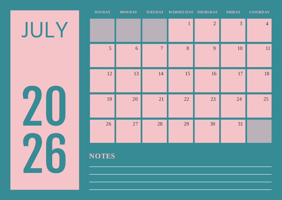 Editable July 2026 Calendar Template edit online