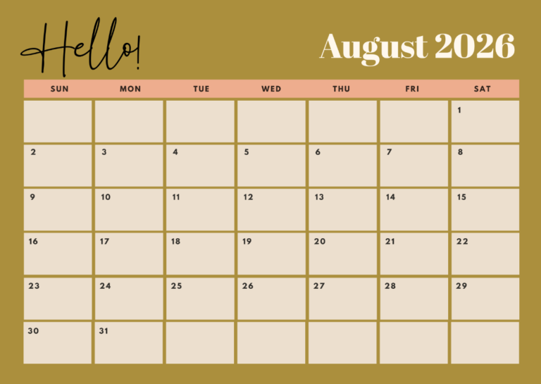 Editable August 2026 Calendar Template For Project Planning