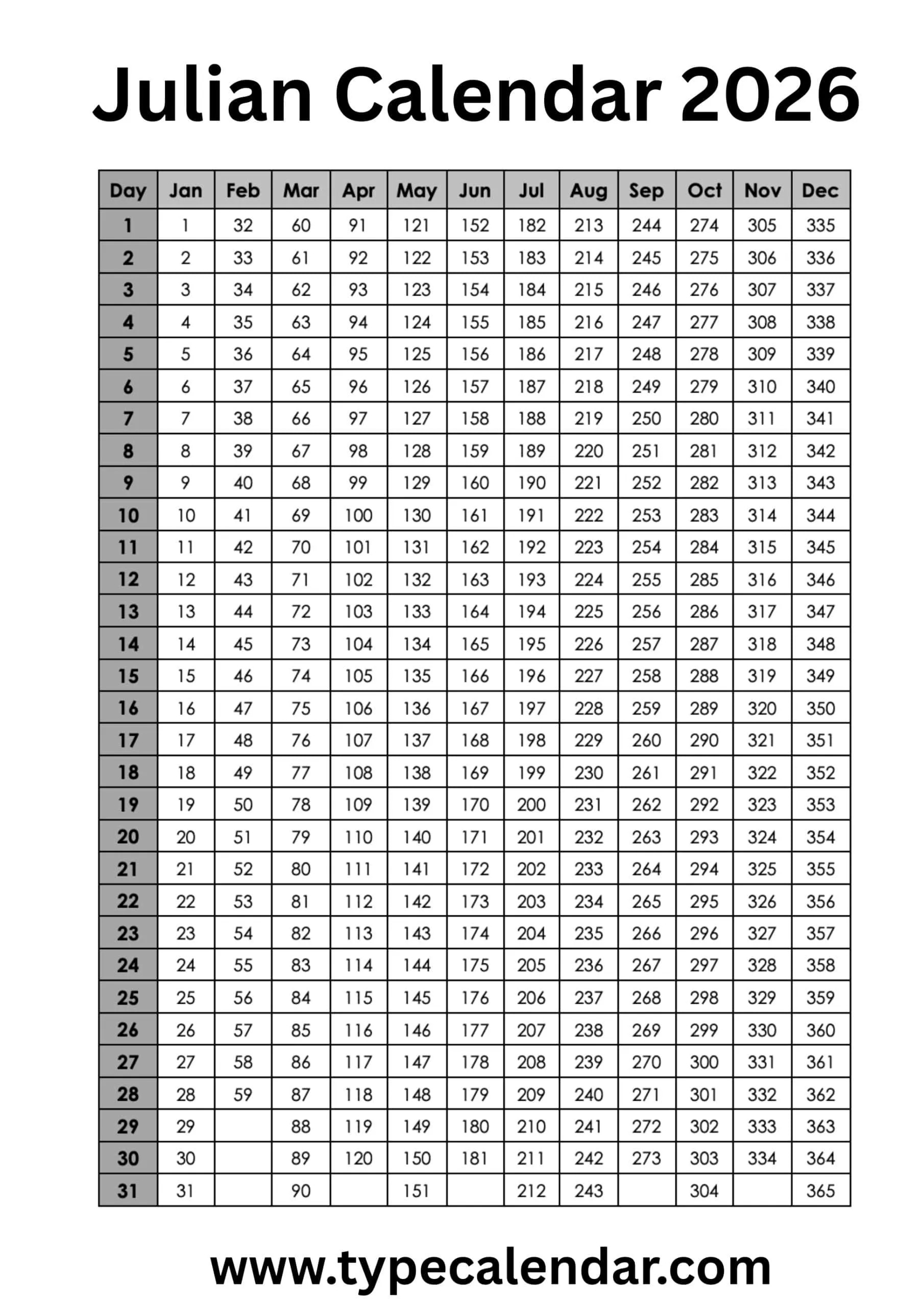 Julian Calendar 2026 scaled 1