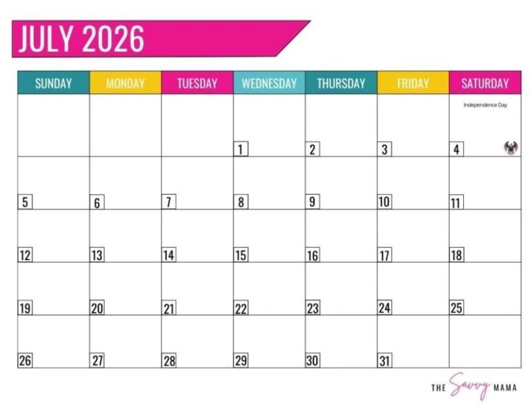 Downloadable July 2026 Calendar For Family Chore Charts
