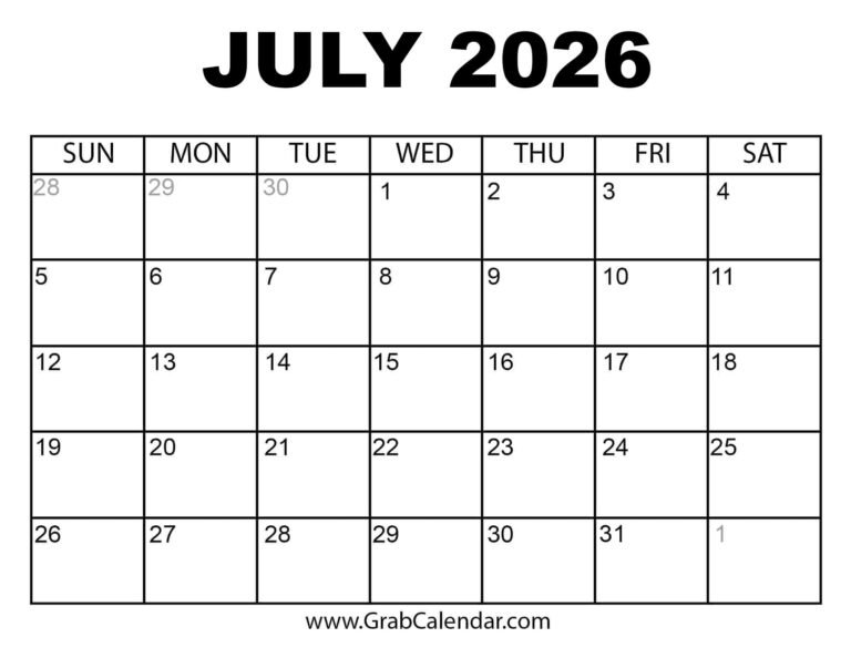 Printable July 2026 Calendar With Space For Appointments
