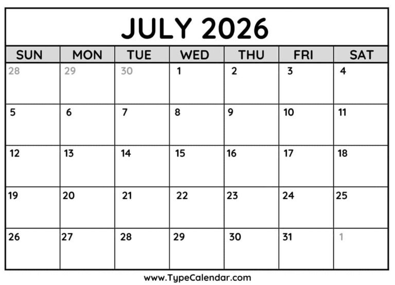 Create Your Own July 2026 Blank Calendar For Creative Writing