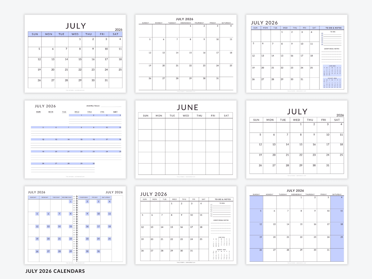July 2026 Calendars Free Printable PDFs 1