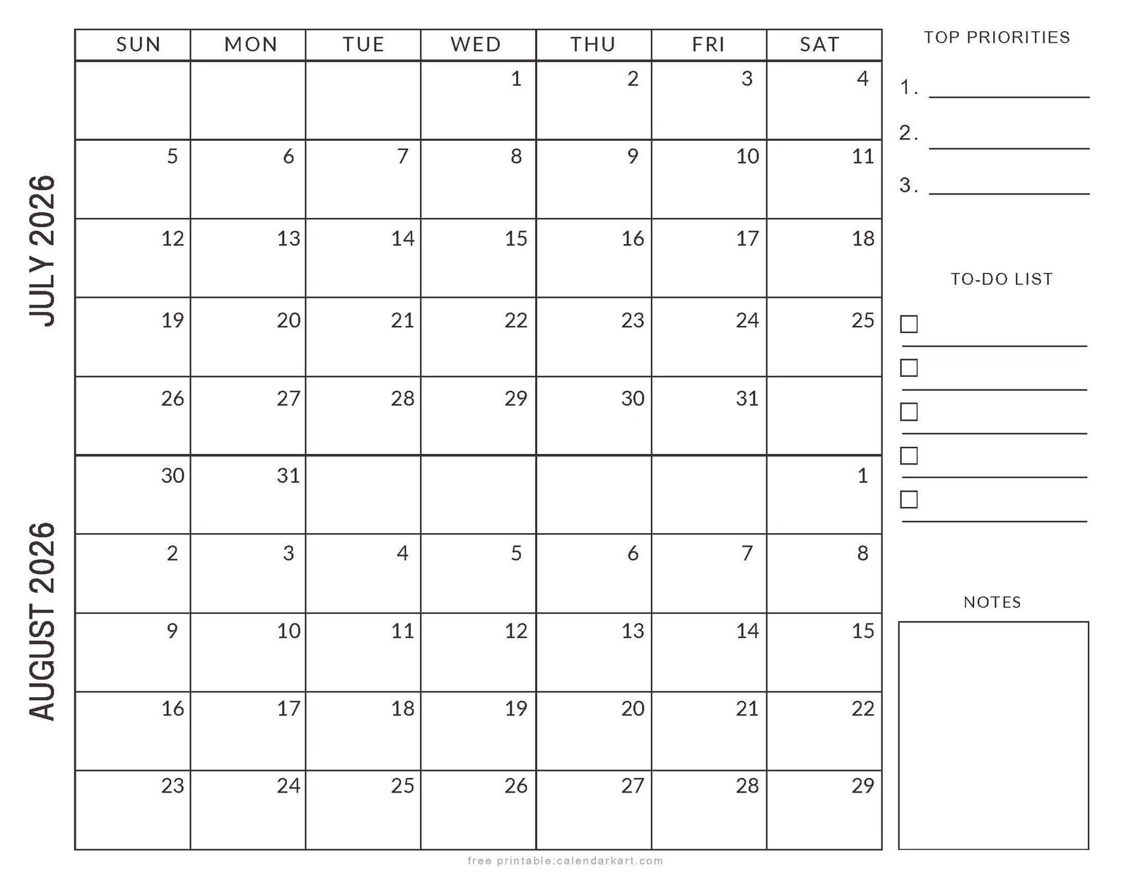 July August 2026 Planner Style Calendar