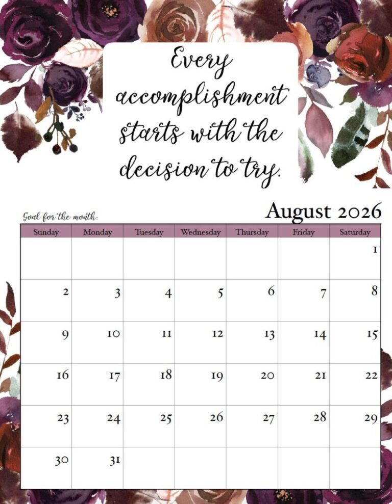 August 2026 Calendar Template With Motivational Quotes