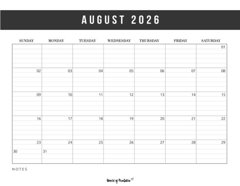 Printable August 2026 Calendar With Large Writing Space