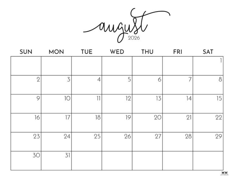 Free Downloadable August 2026 Calendar Template For Teachers