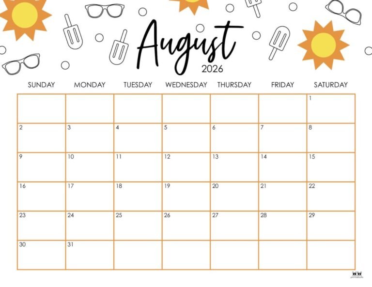 Free Printable August 2026 Calendar With Summer Holidays