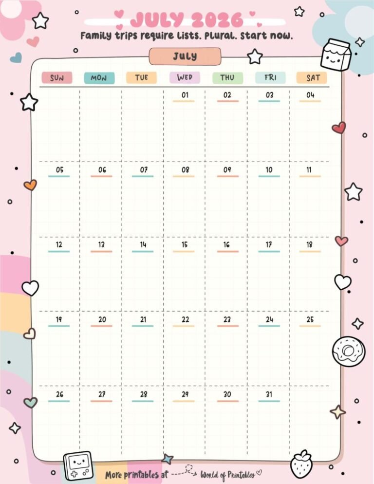Printable July 2026 Calendar With Meal Planning Space
