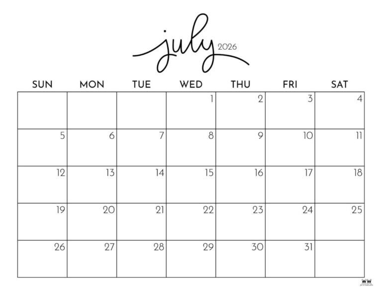 Printable July 2026 Blank Calendar For Drawing Practice