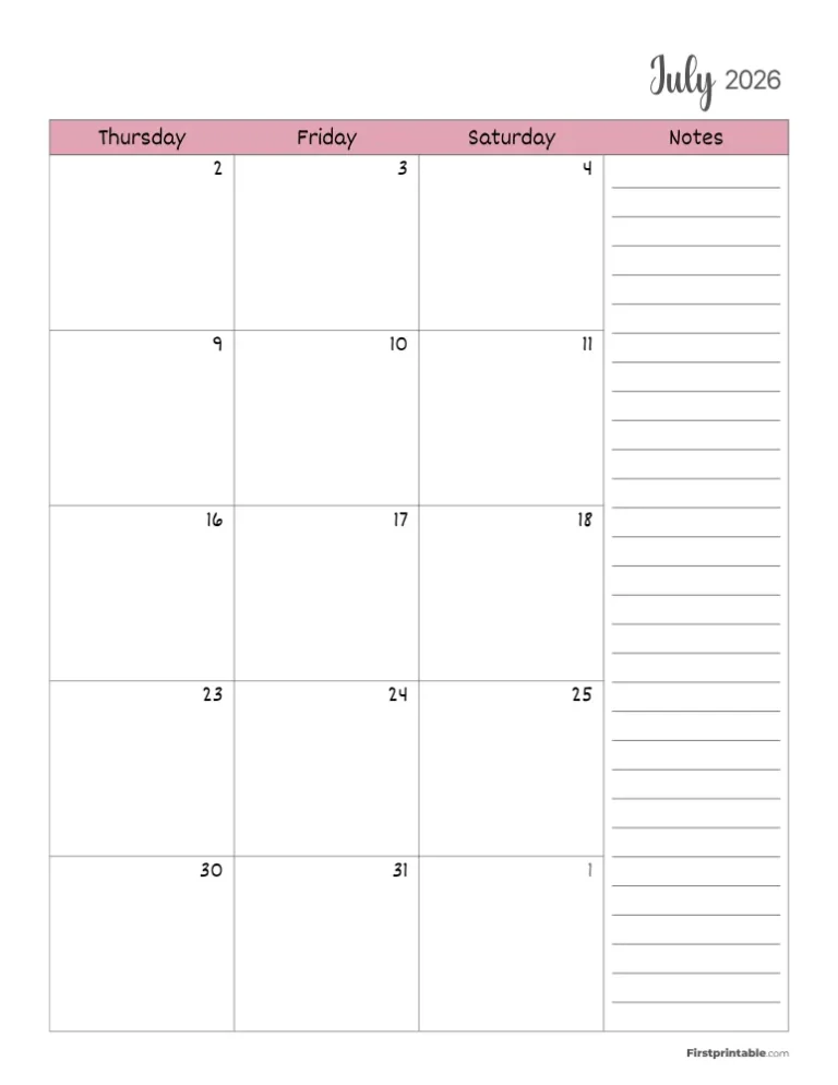 July 2026 Calendar Pdf Template For Creating A Daily Planner