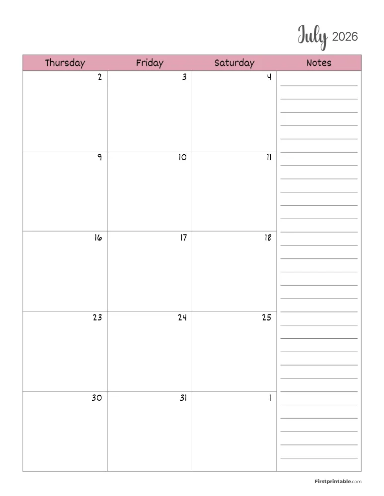 Printable Planner July 2026 Monthly Planner Page 02 of 02
