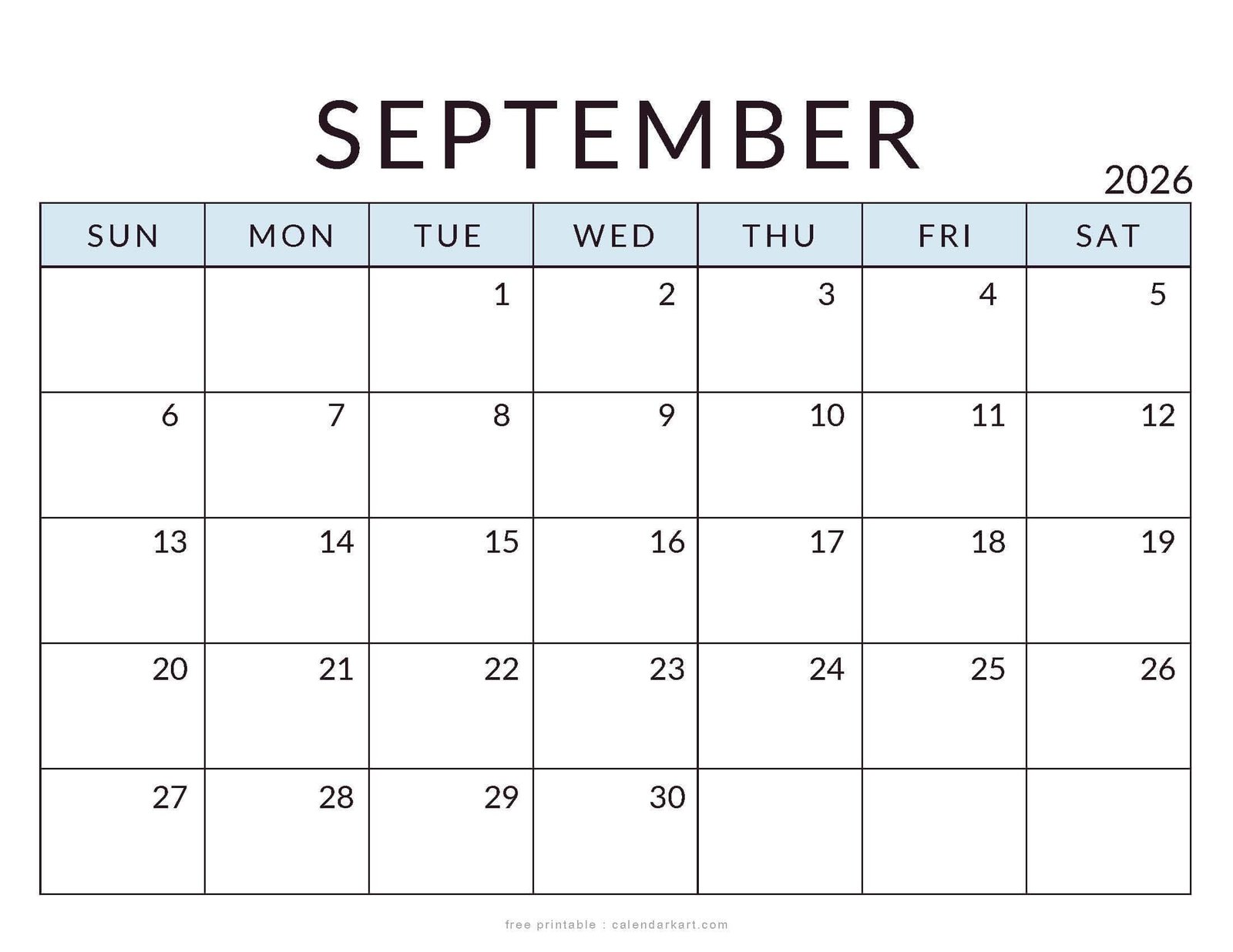 Printable September 2026 Calendar Minimal 1