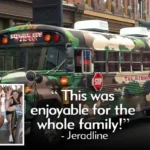 The image shows a school bus converted into The Redneck Comedy Bus Tour decorated with a camouflage paint job and a pair of long IWeQ normal w 350 h 0 force webp 1
