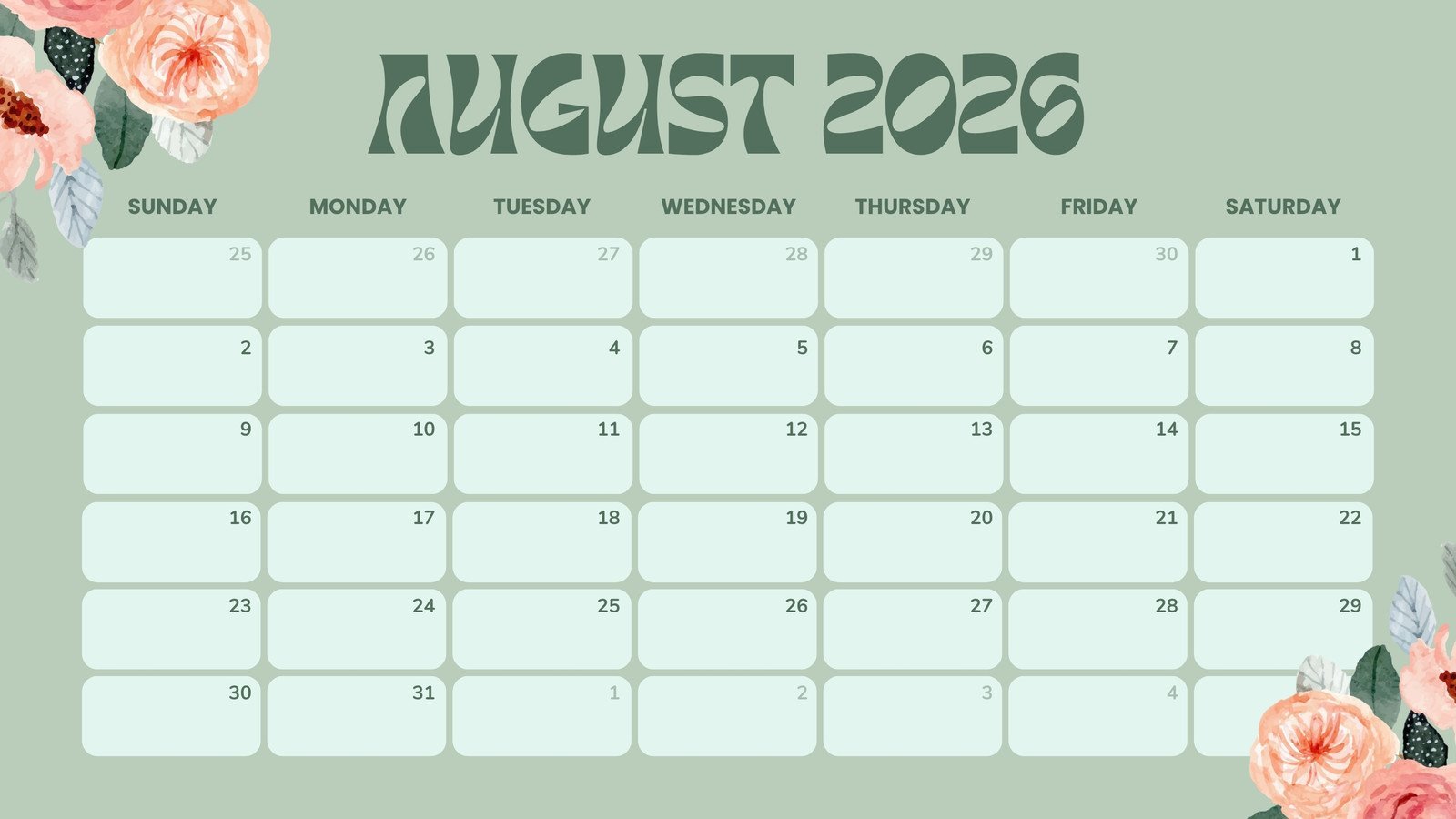 canva pink and green floral simple august 2026 calendar EsWeROkiXGw 7