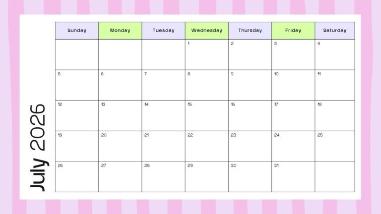 Downloadable Editable July 2026 Calendar For Freelance Work