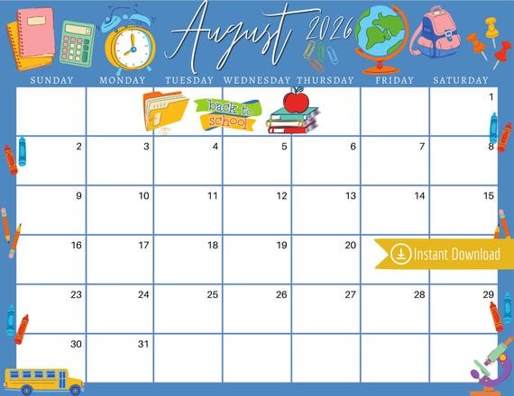 August 2026 Calendar Template Highlighting School Holidays