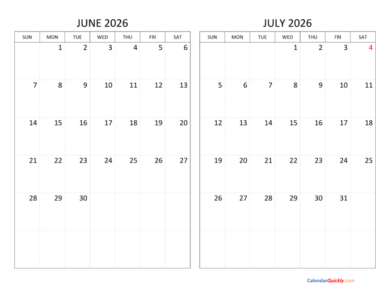 Printable Combined June And July 2026 Calendar For Business