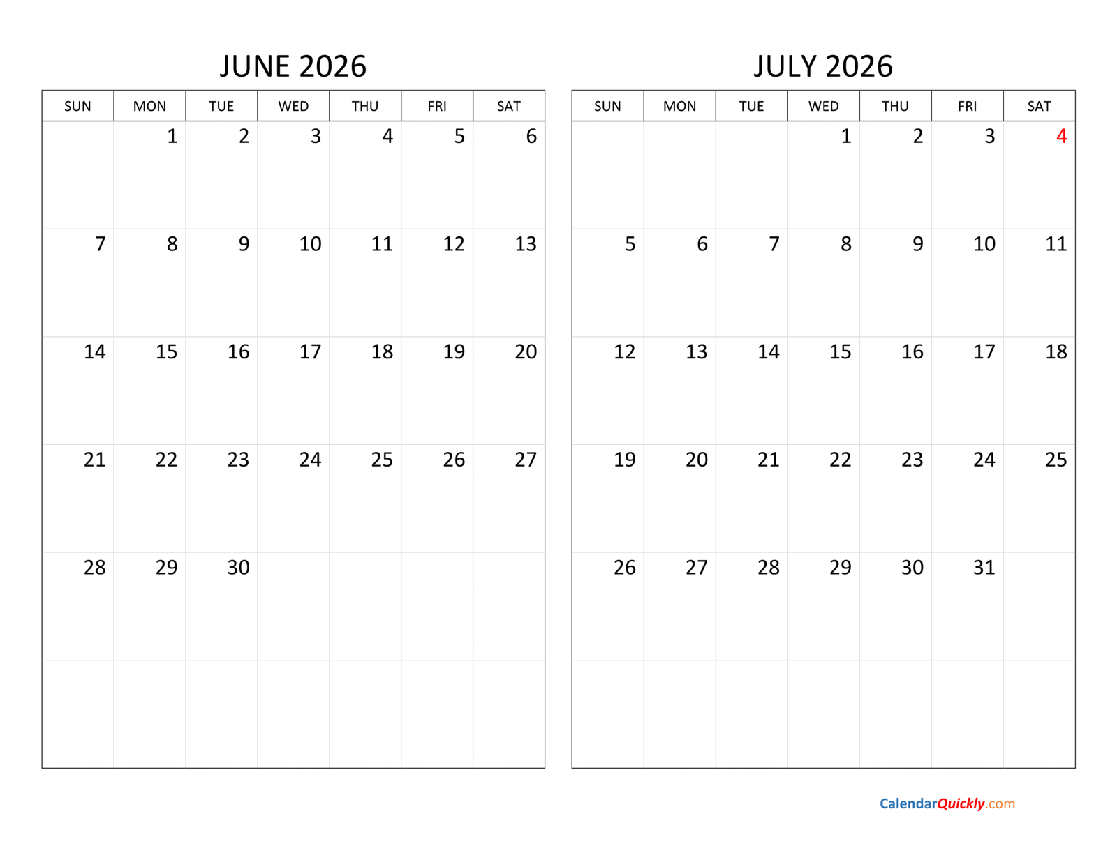 june july two months 2026 calendar horizontal scaled