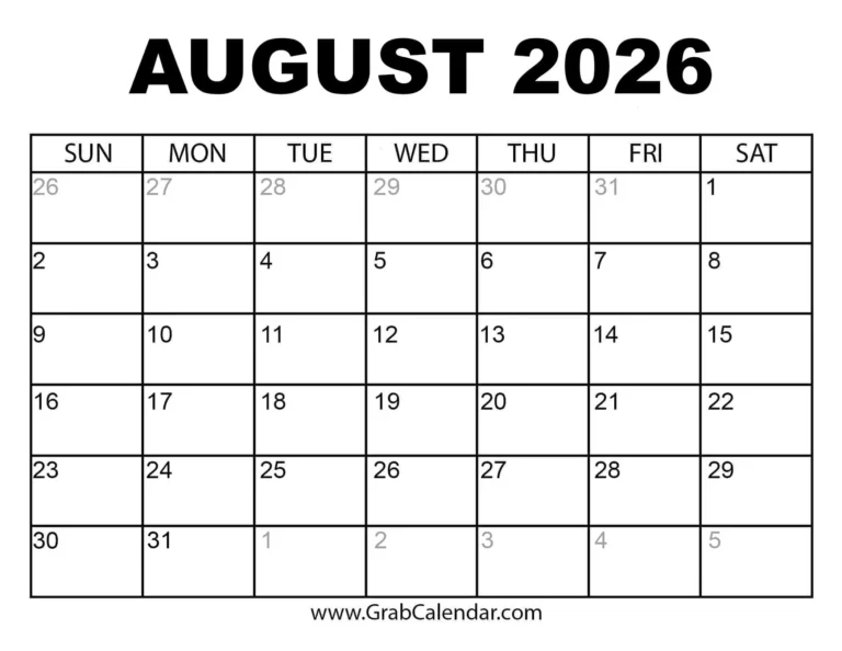 August 2026 Calendar Printable