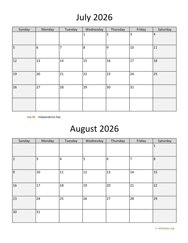 July And August 2026 Calendar