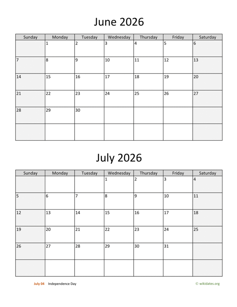 June And July 2026 Calendar