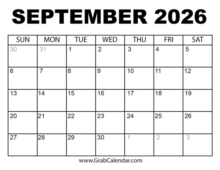 September Calendar Printable 2026