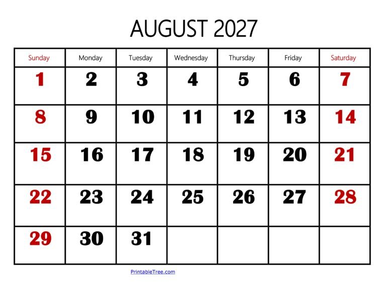 August Calendar 2027