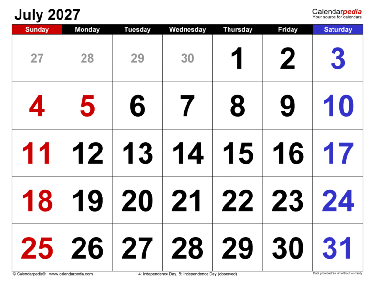 July Calendar 2027