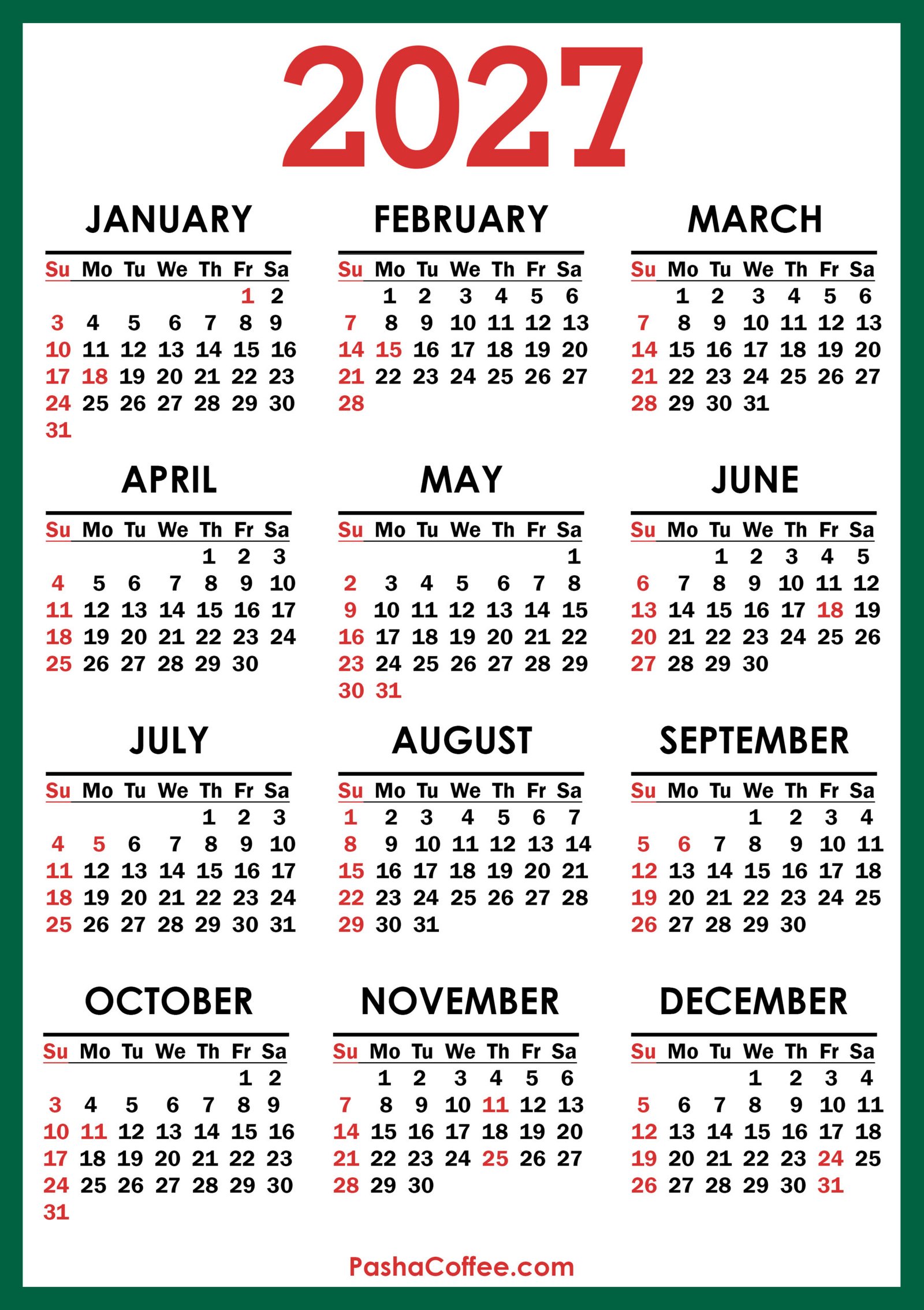 2027 Calendar Holidays US Green SS 001 scaled