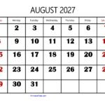 August 2027 Calendar Large Number