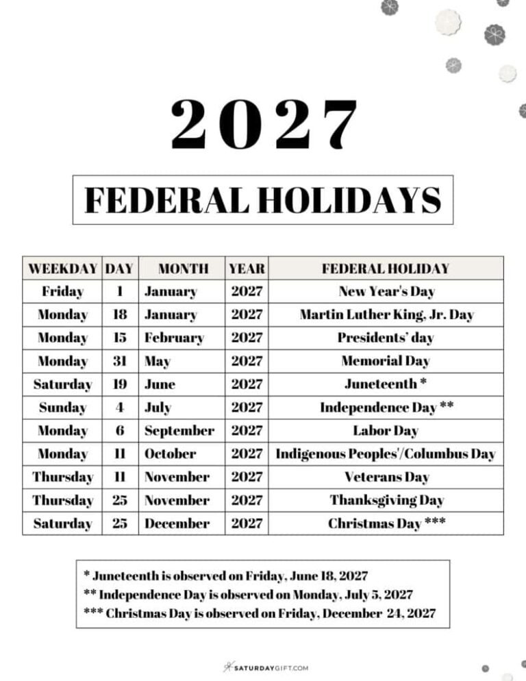 2027 Holidays Calendar