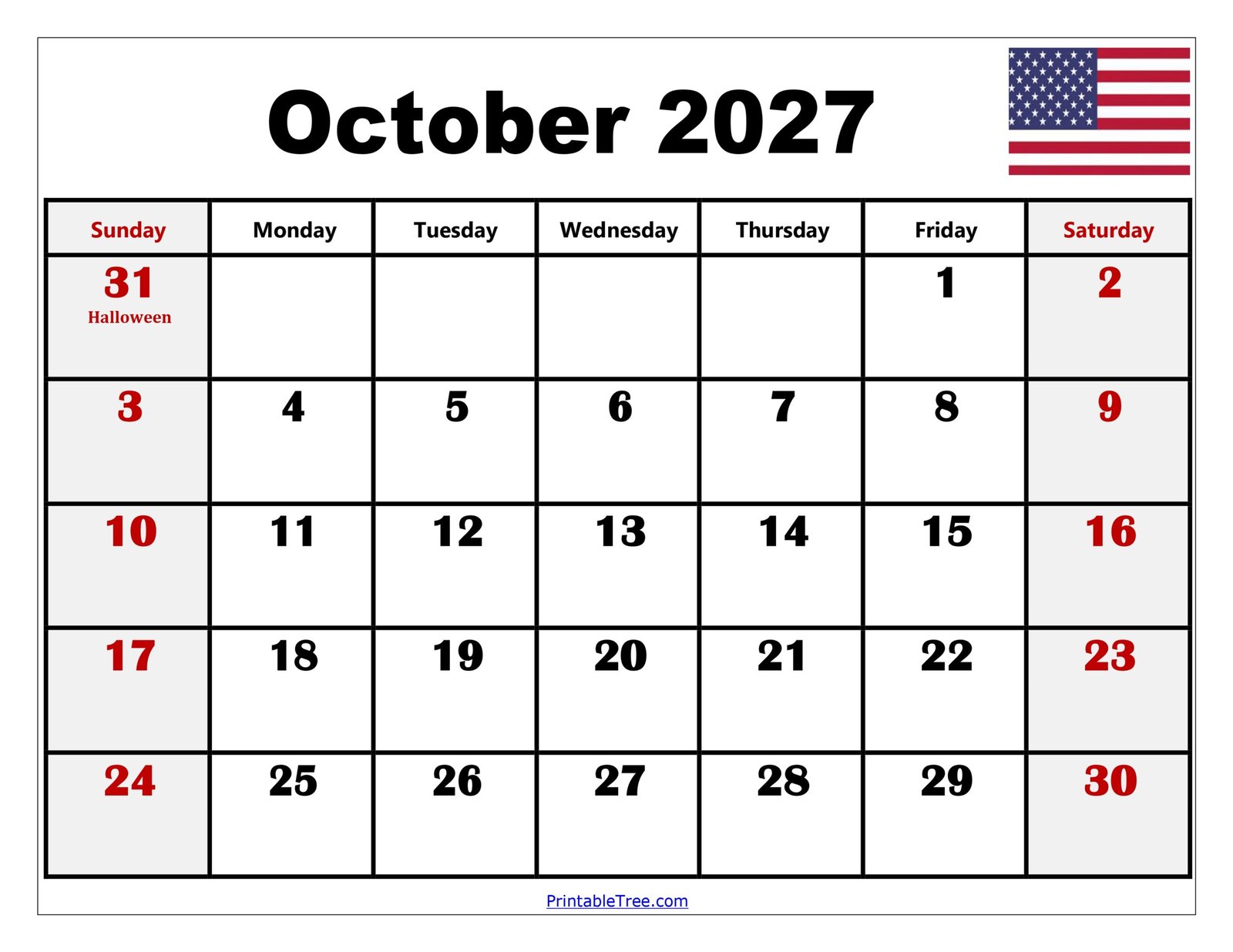 October 2027 Calendar with Holidays scaled