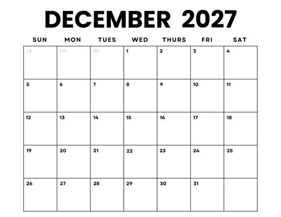 December 2027 Calendar Printable